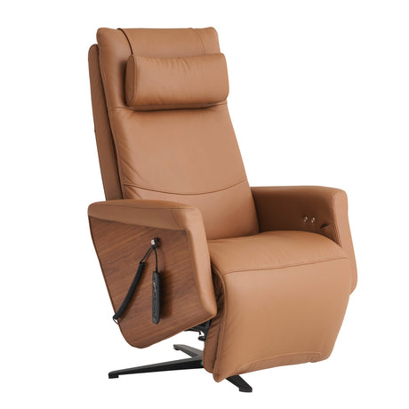 Circa ZG Chair in tan leather with oak wood accents, featuring zero gravity design and swivel base