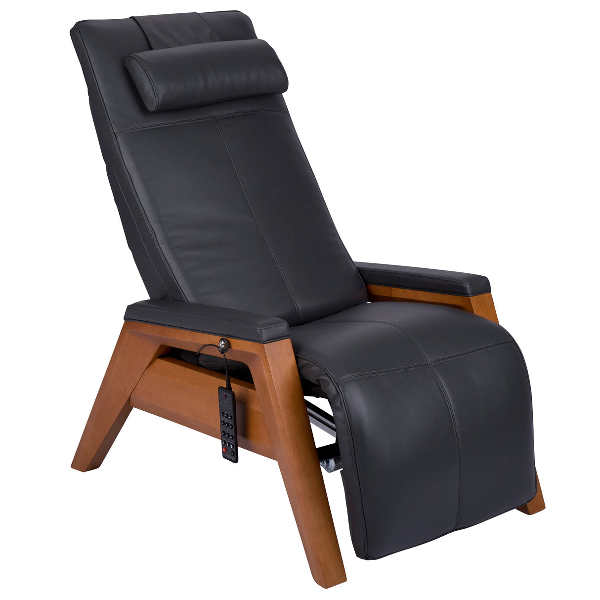 Gravis ZG Chair in black leather with wooden base, featuring adjustable headrest and zero-gravity recline position