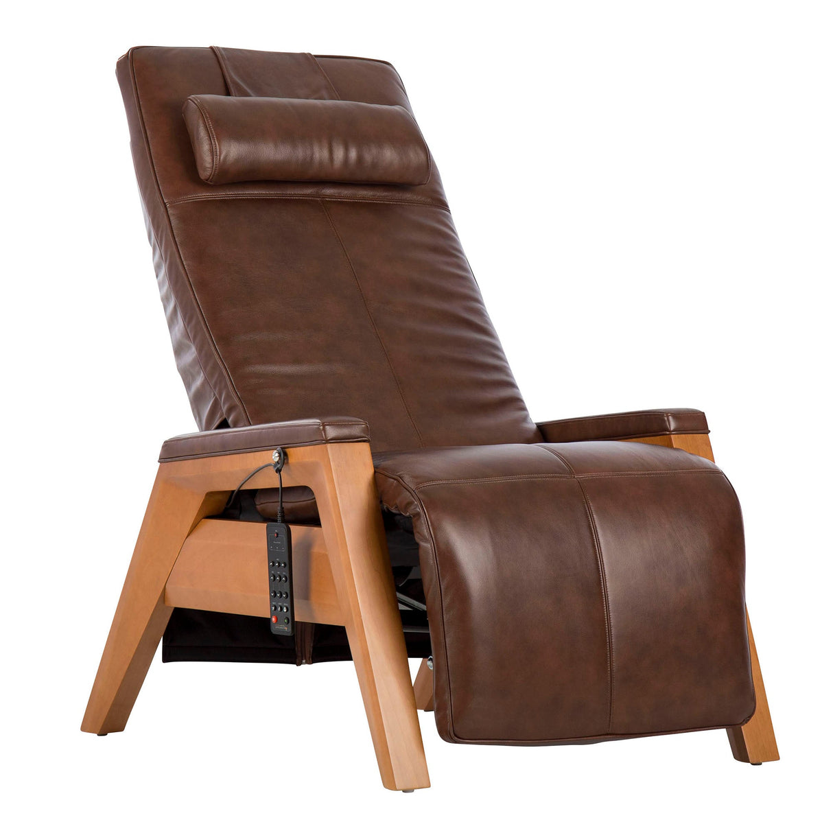 Gravis ZG Chair in brown leather with wooden base, featuring adjustable zero gravity reclining position