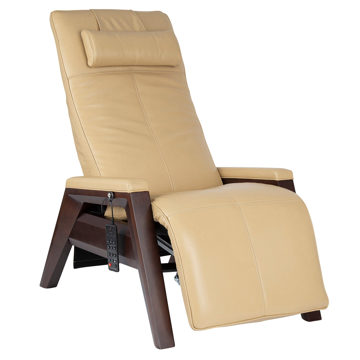 Gravis ZG Chair in beige leather with dark wood base, featuring zero gravity recline and adjustable headrest pillow