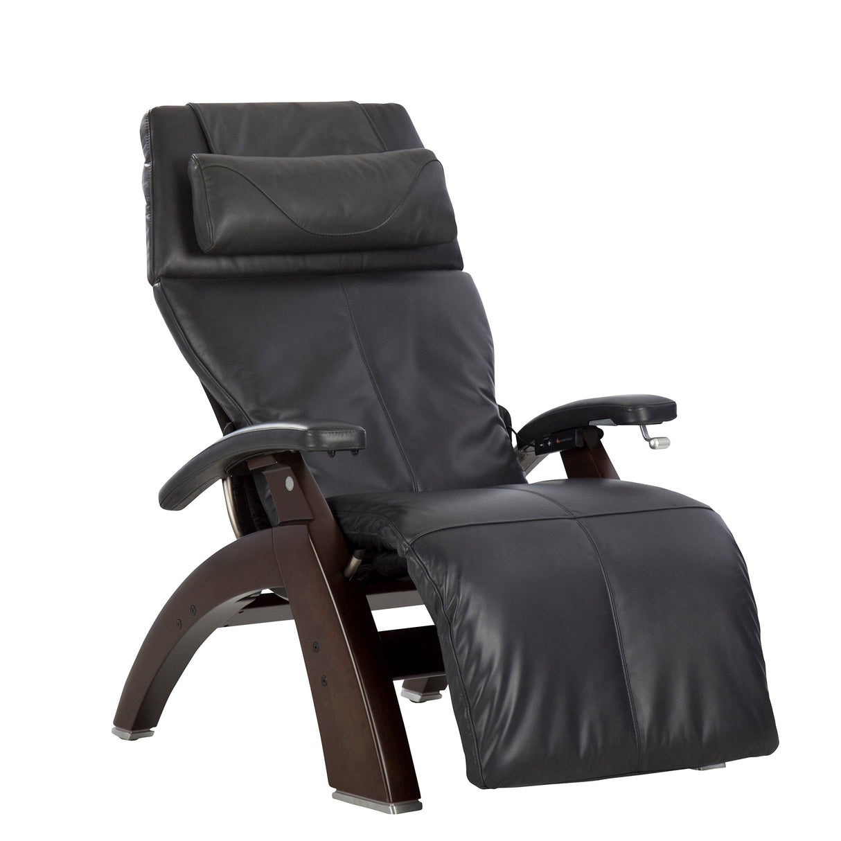 PC-420 Classic Manual Plus zero-gravity recliner chair in black leather with dark wood base and ergonomic design