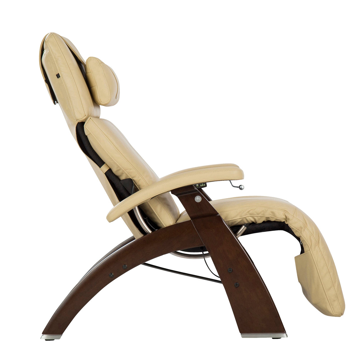 Perfect Chair PC-420 Classic Manual Plus recliner in cream leather with dark wood base, shown in reclined position