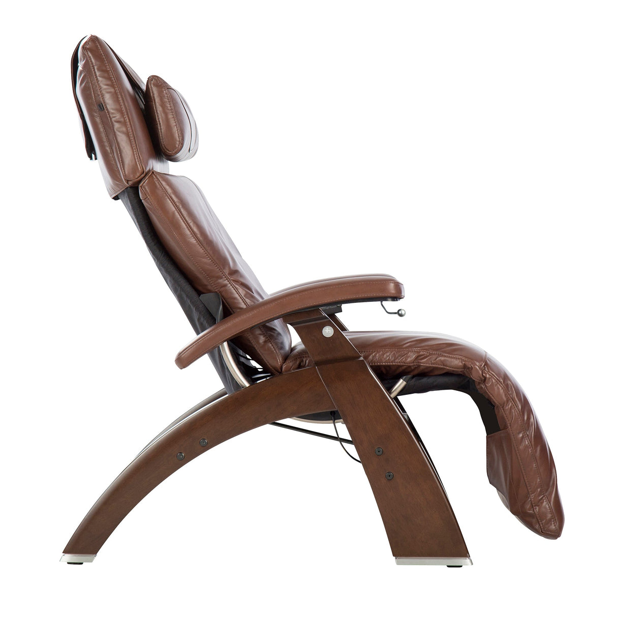 Perfect Chair PC-420 Classic Manual Plus recliner in brown leather with curved wooden base, shown in side view position