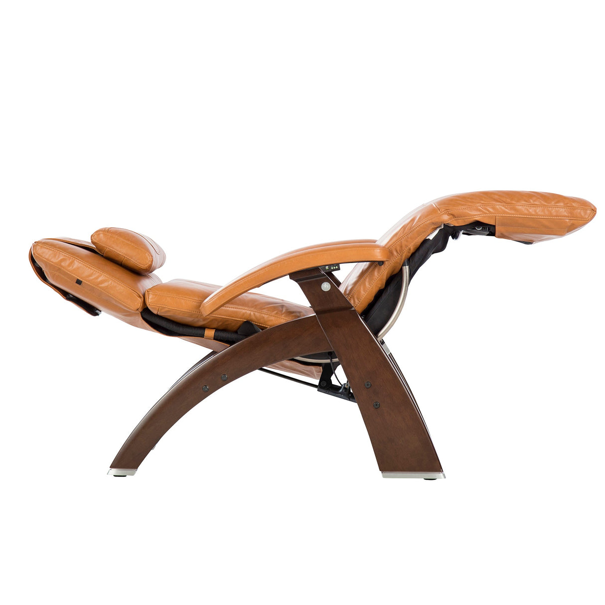 Perfect Chair PC-420 Classic Manual Plus recliner in cognac leather with dark wood base shown in reclined position