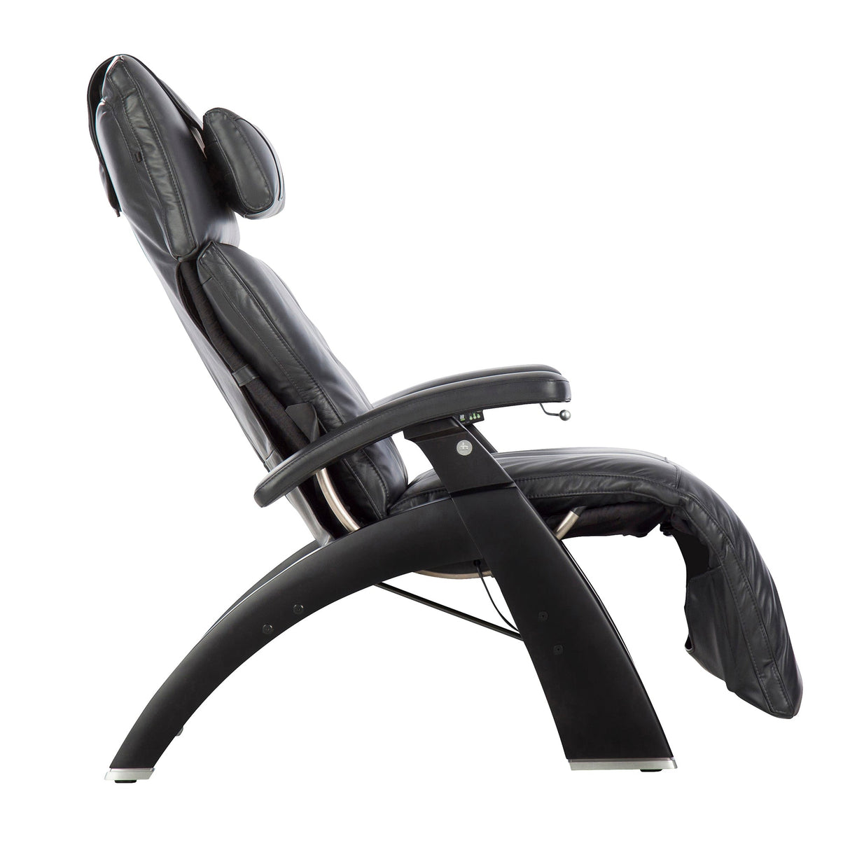 Perfect Chair PC-420 Classic Manual Plus zero gravity recliner in black leather with curved wood base, side view