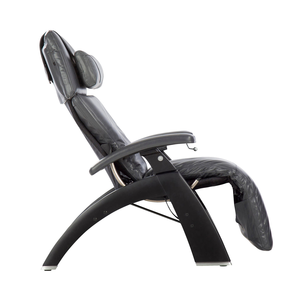 Perfect Chair PC-420 Classic Manual Plus zero-gravity recliner in black leather with curved wood base, side view