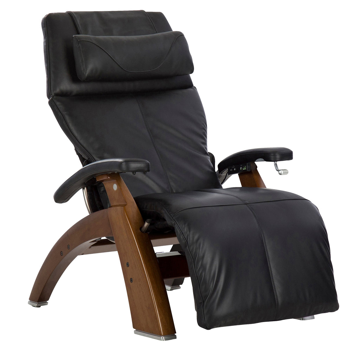 Perfect Chair PC-420 Classic Manual Plus zero-gravity recliner in black leather with wooden base, shown fully reclined