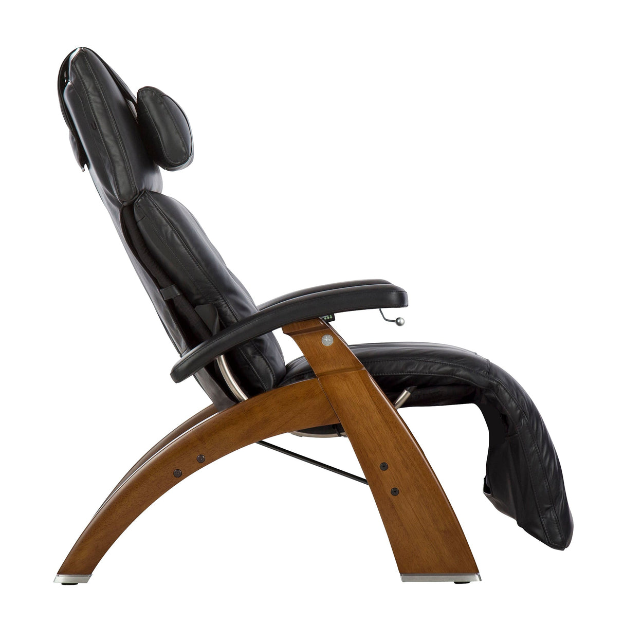 Perfect Chair PC-420 Classic Manual Plus recliner with black leather cushioning and wooden base in side view