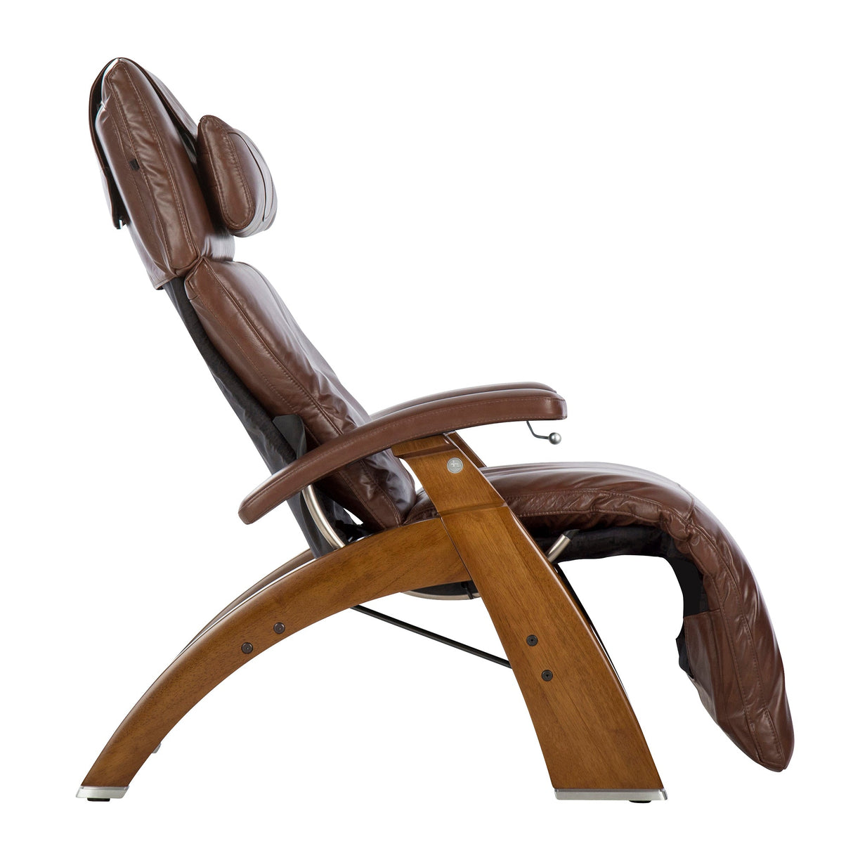 Perfect Chair PC-420 Classic Manual Plus recliner in brown leather with wooden base shown in side view reclined position