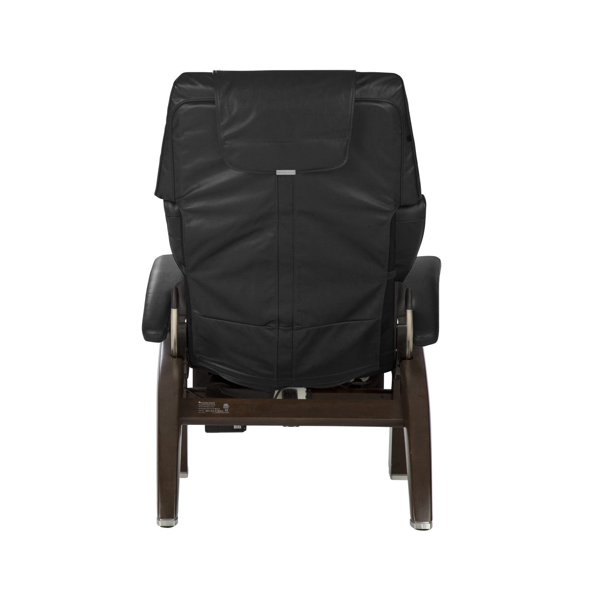Perfect Chair PC-610 Omni-Motion Classic recliner in black leather with dark wood base, rear view showing ergonomic design