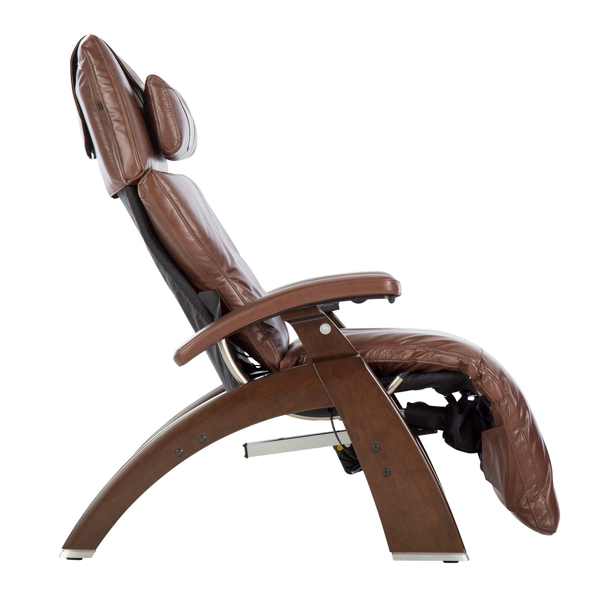Perfect Chair PC-610 Omni-Motion Classic zero-gravity recliner in brown leather with wooden base, shown in reclined position