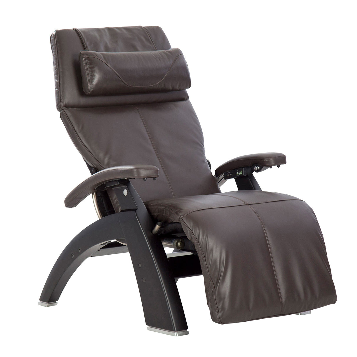 Perfect Chair PC-610 Omni-Motion Classic recliner in brown leather with zero-gravity positioning and curved black base