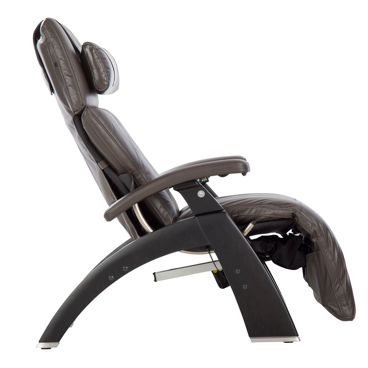 Perfect Chair PC-610 Omni-Motion Classic recliner in brown leather with curved base, shown in side view reclining position