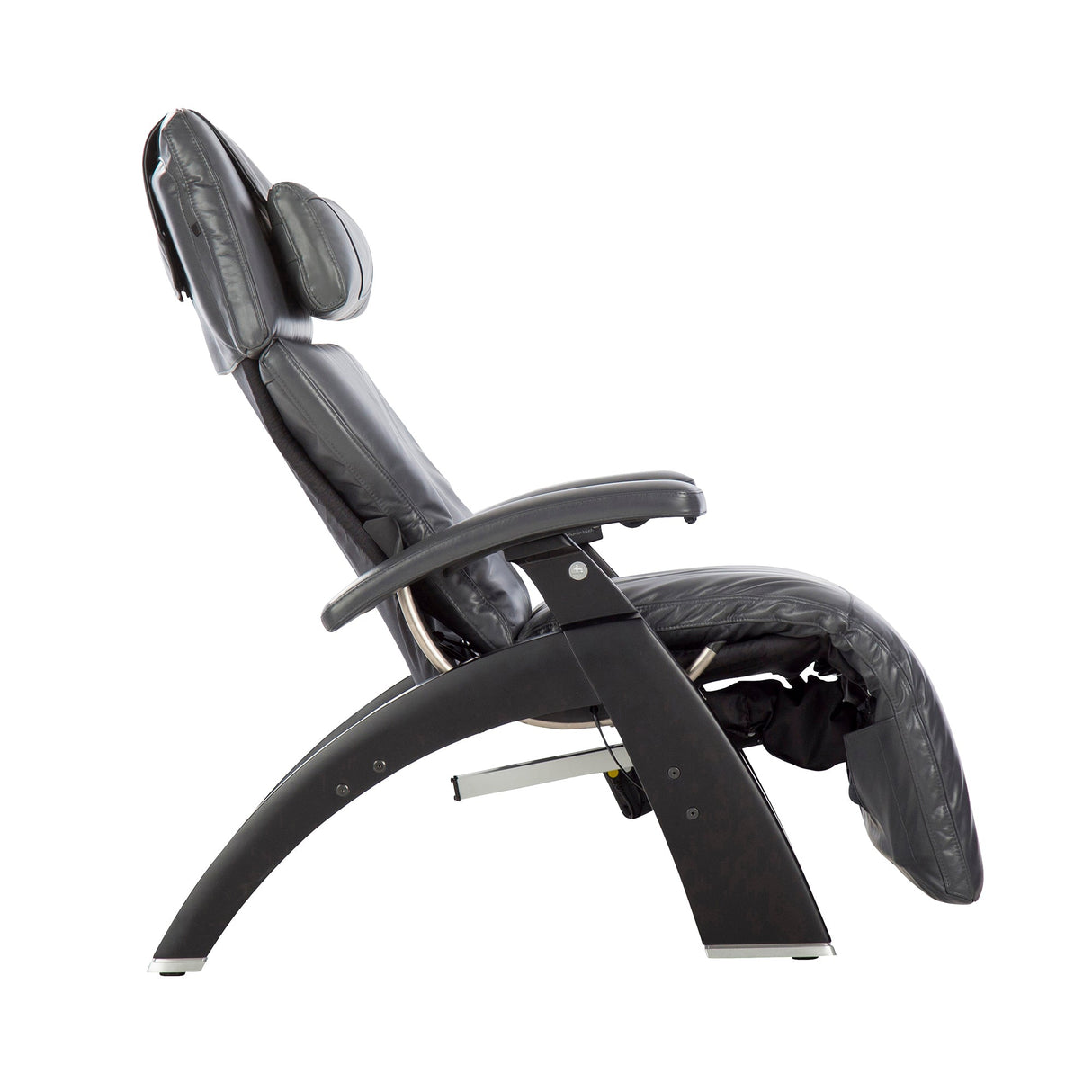 Perfect Chair PC-610 Omni-Motion Classic recliner in black leather with curved base, shown in side view reclined position