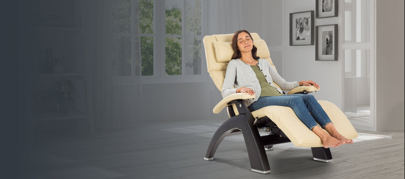 Woman sitting back in PC-610 in Ivory Supreme Pad Set