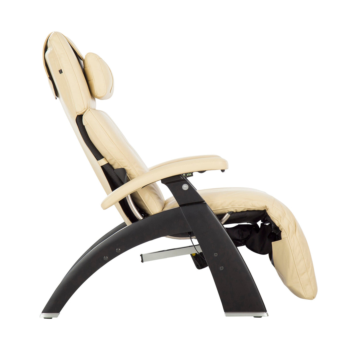 Perfect Chair PC-610 Omni-Motion Classic recliner in cream leather with black base, shown in side view reclined position