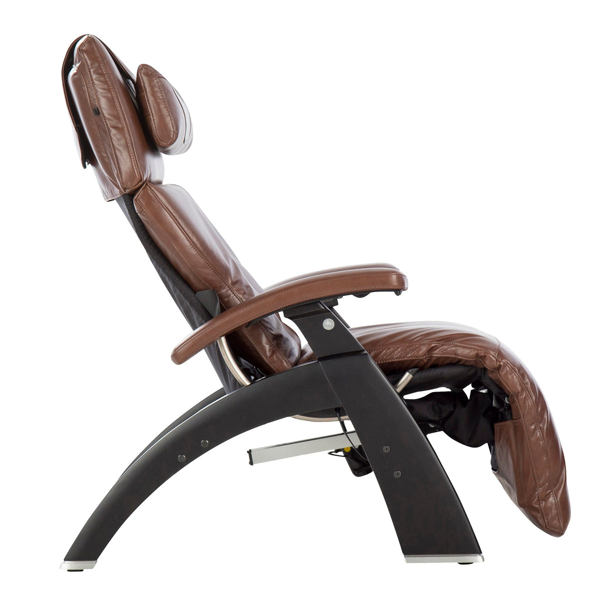 Perfect Chair PC-610 Omni-Motion Classic recliner in brown leather with zero-gravity position and curved black base