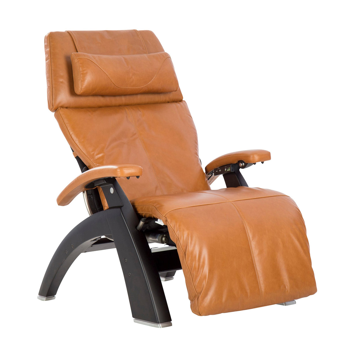 Perfect Chair PC-610 Omni-Motion Classic recliner in cognac leather with black base, shown in zero-gravity position