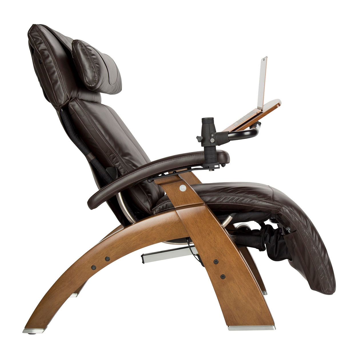 Perfect Chair Laptop Desk shown attached to brown leather recliner with wooden base, displaying adjustable mounting arm
