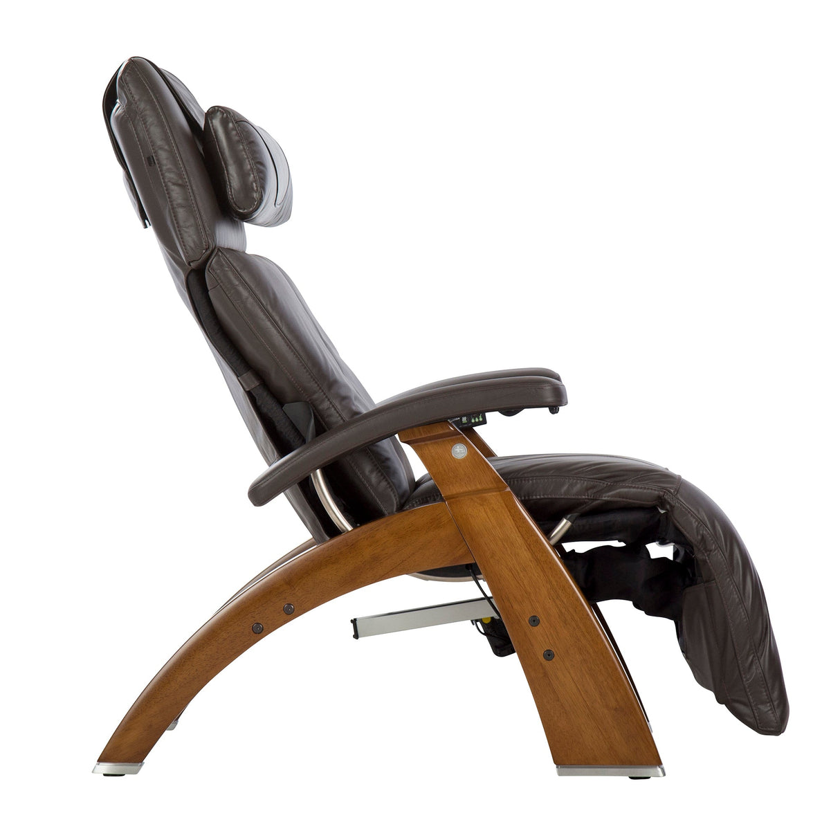 Perfect Chair PC-610 Omni-Motion Classic recliner with walnut wood base and gray leather upholstery in side view position