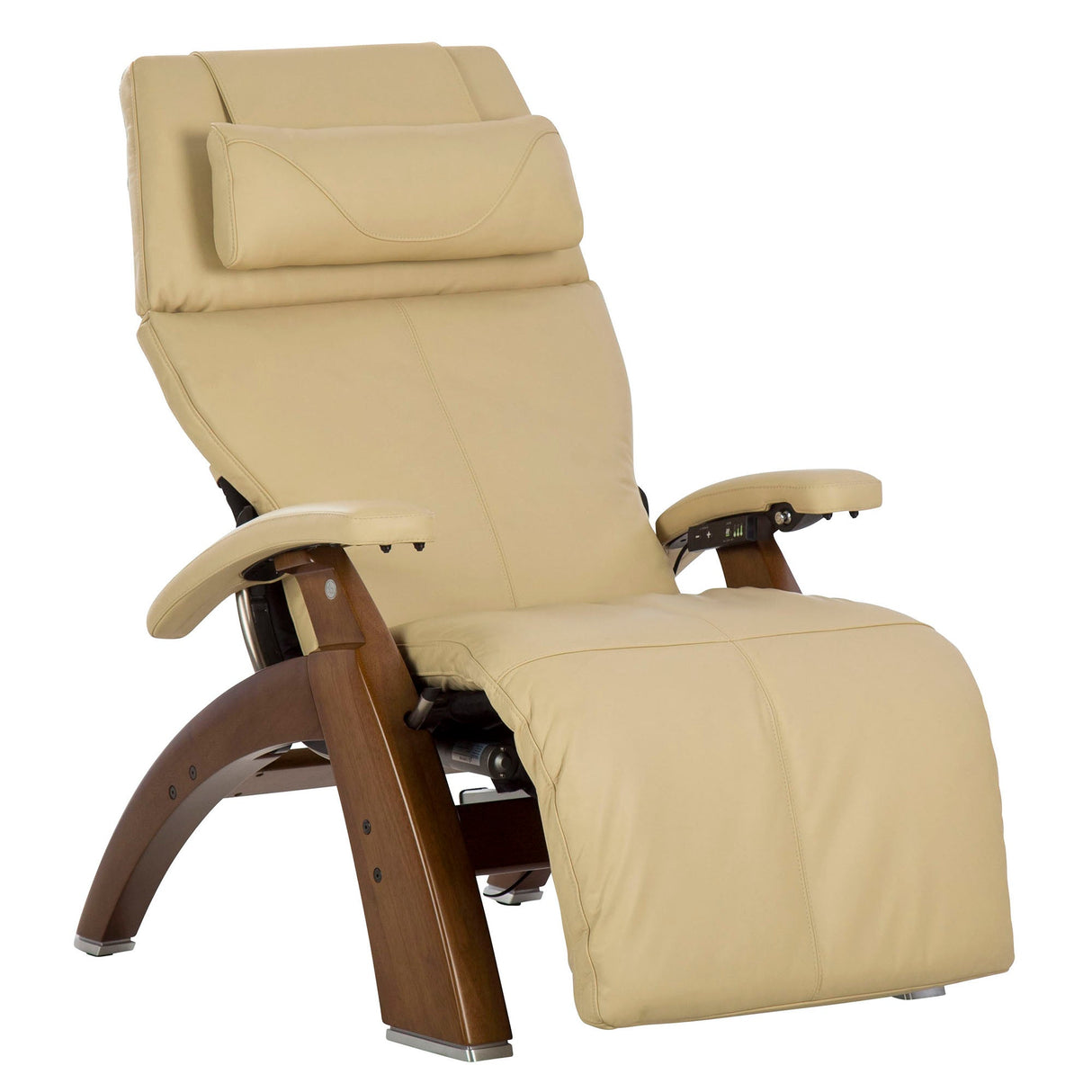 Perfect Chair PC-610 Omni-Motion Classic zero-gravity recliner in cream leather with wooden base and adjustable headrest