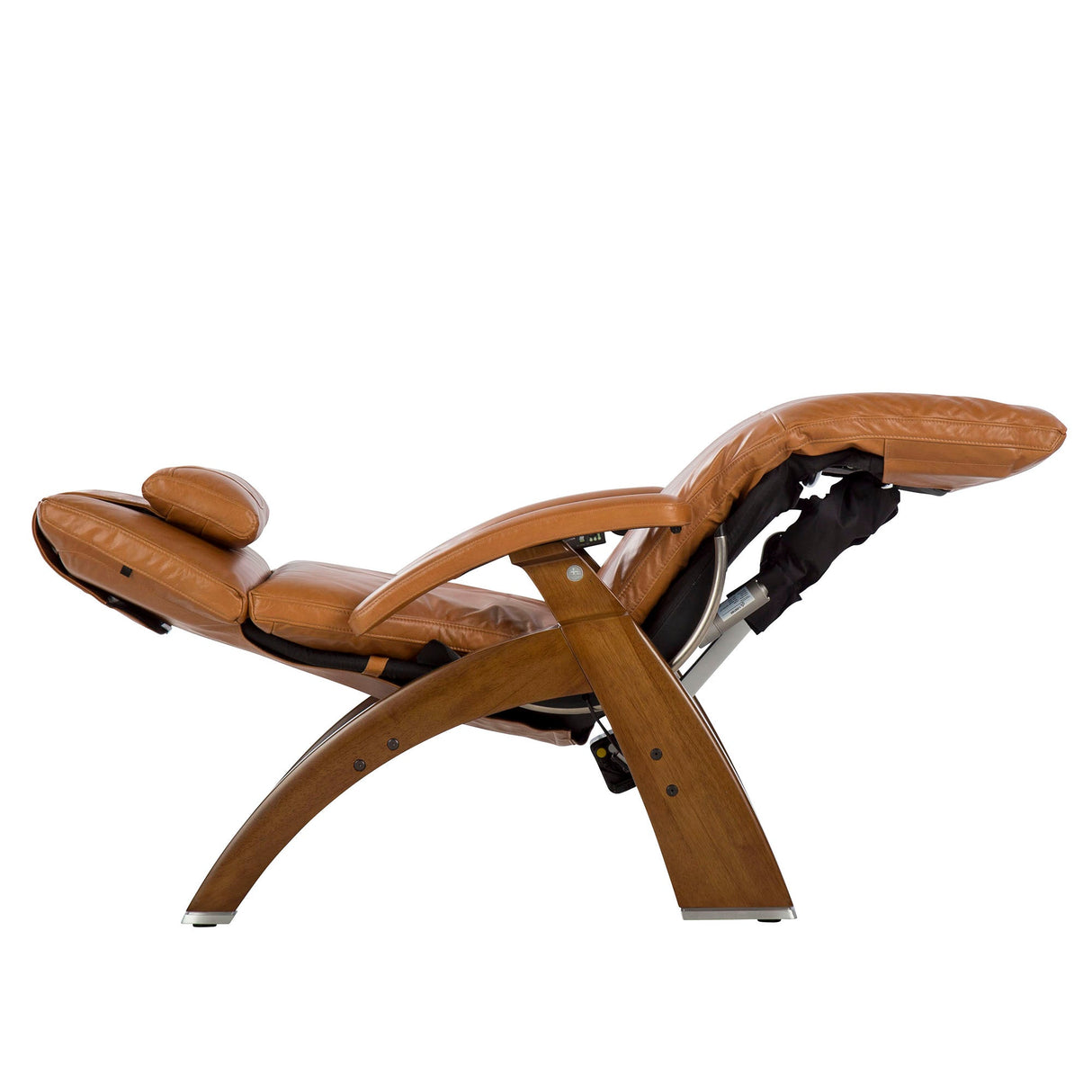 Perfect Chair PC-610 Omni-Motion Classic recliner in cognac leather with wooden base, shown in full recline position