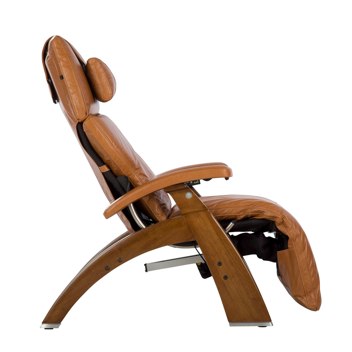 Perfect Chair PC-610 Omni-Motion Classic recliner in tan leather with wooden base, shown in side view reclined position