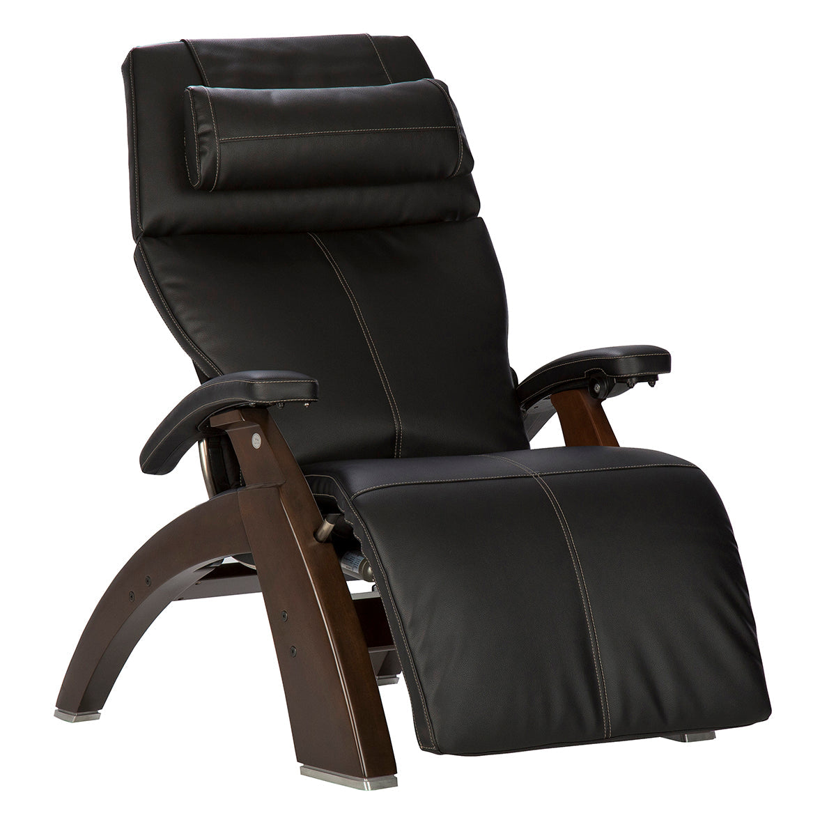 Perfect Chair PC-610 Omni-Motion Classic recliner in black leather with wooden base, shown in relaxed position