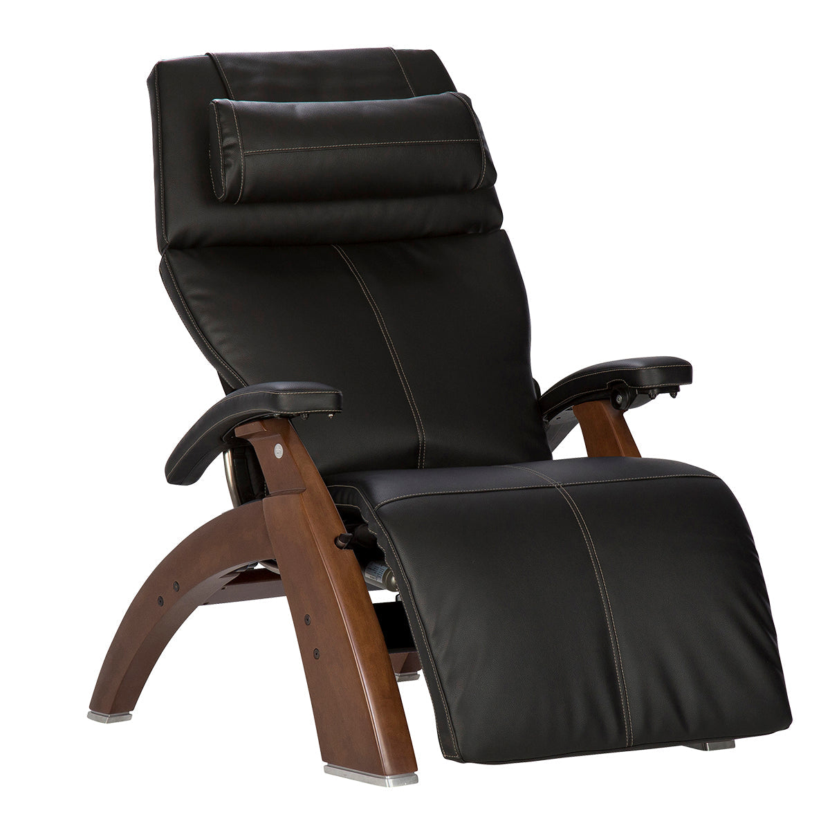 Perfect Chair PC-610 Omni-Motion Classic recliner in black leather with wooden base, shown in zero-gravity position