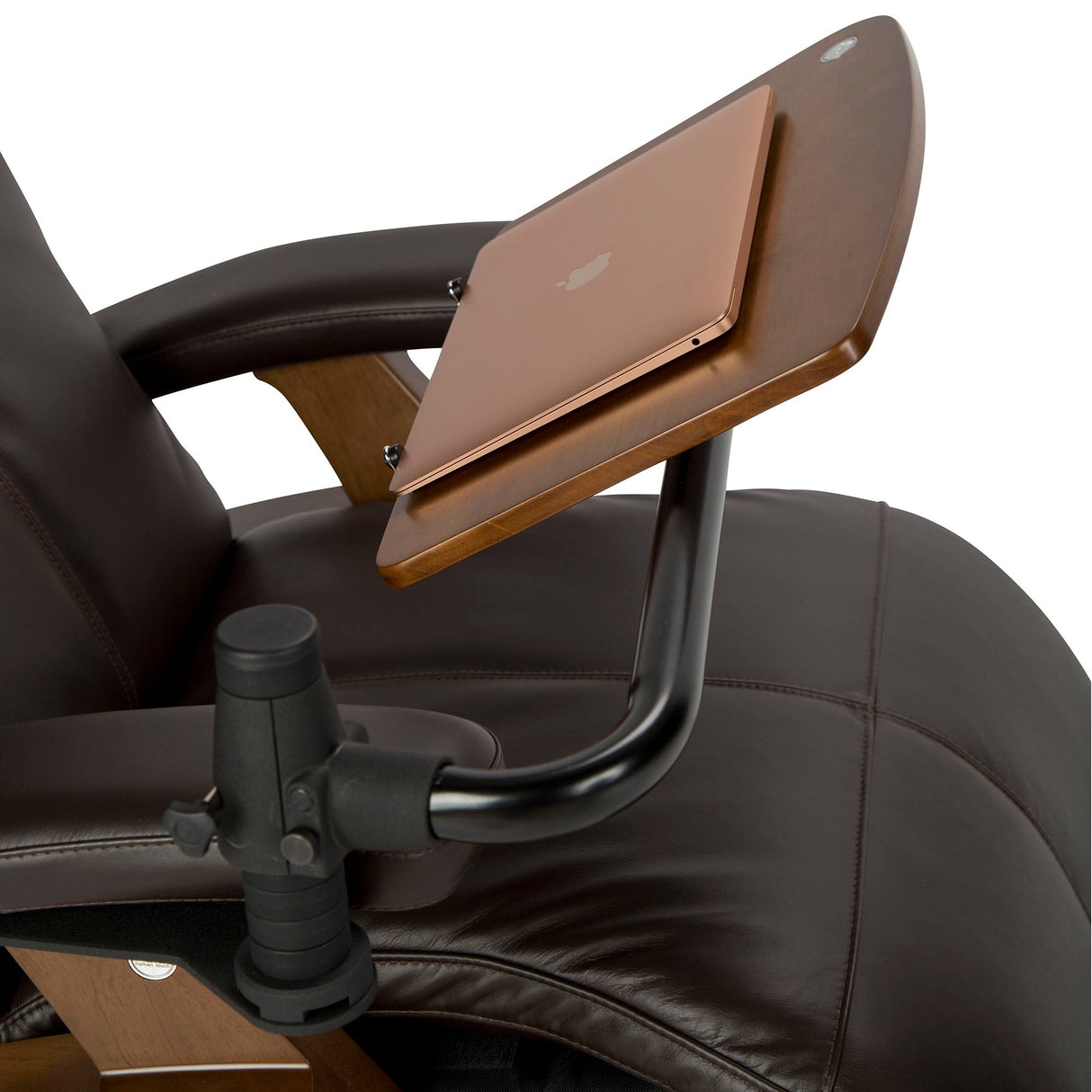 Perfect Chair Laptop Desk attachment shown on brown leather recliner with adjustable wooden platform for devices
