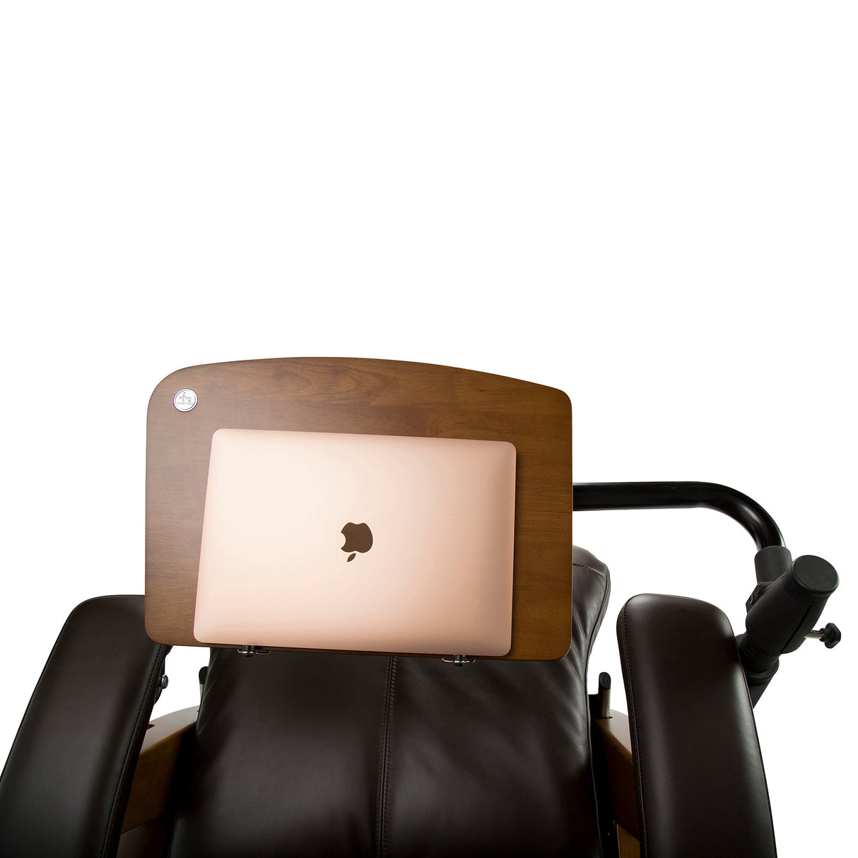 Perfect Chair Laptop Desk shown mounted on recliner with MacBook, displaying wooden surface and adjustable positioning