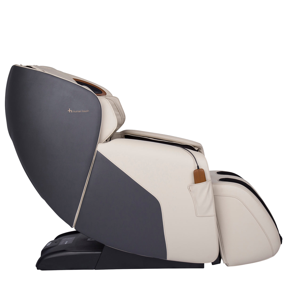 Side view of Quies Massage Chair in beige and black with foot and calf massager extending relaxation features.