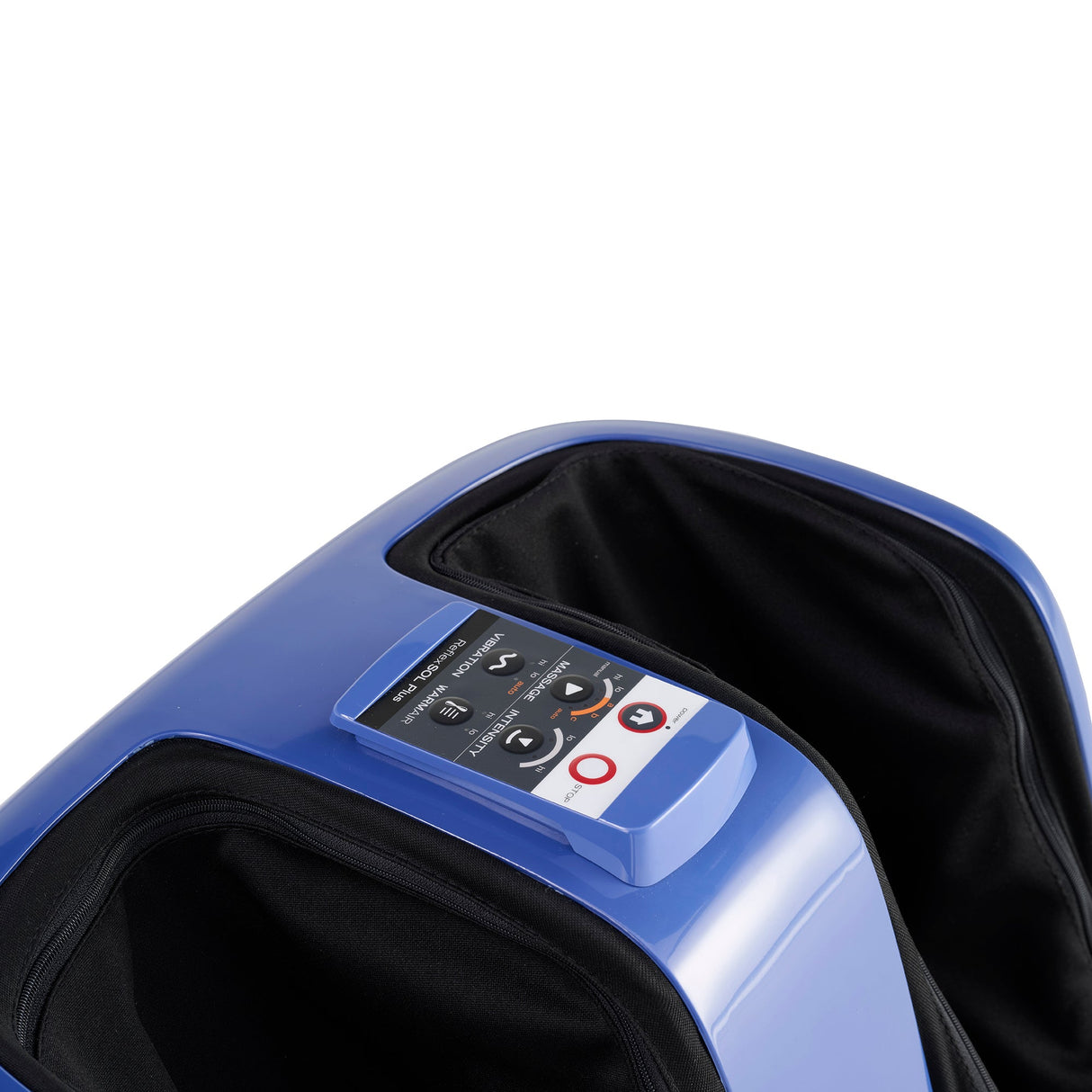 Reflex SOL Plus Foot and Calf Massager shown in blue with control panel and black comfort padding for therapeutic massage