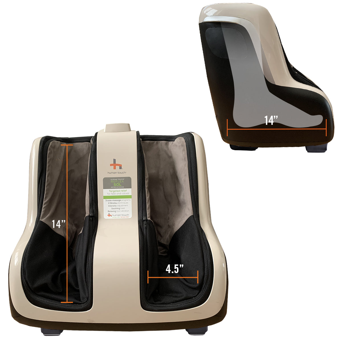 Reflex SOL Foot and Calf Massager shown from front and side view with measurement indicators for dimensions