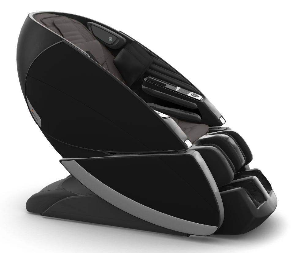 Super Novo X Massage Chair in sleek black design with modern teardrop shape and silver accents, featuring upward-pivoting doors