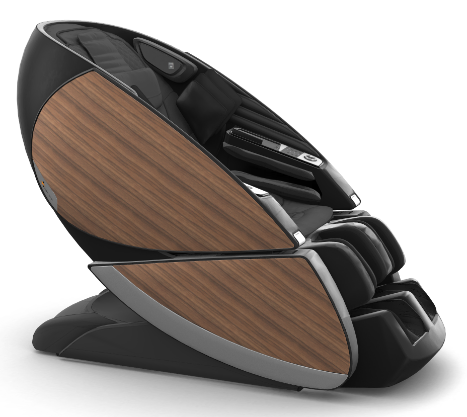 Super Novo X Massage Chair with modern black design and walnut wood panels, shown in side view with teardrop-shaped doors