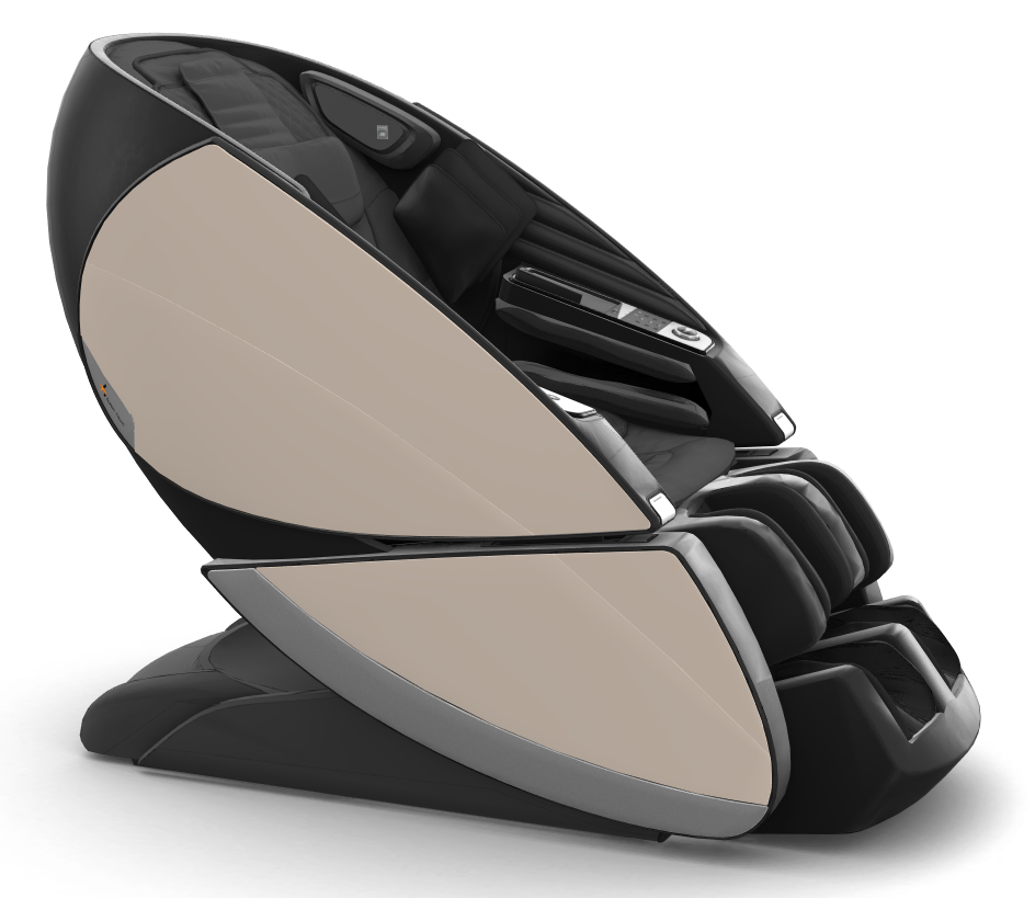 Super Novo X Massage Chair in black and beige with sleek teardrop design and upward-pivoting doors