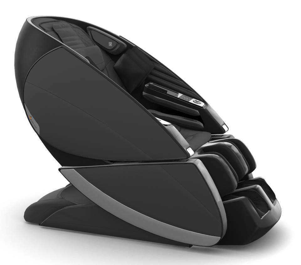 Super Novo X Massage Chair in sleek black design with curved teardrop shape and silver accents, shown from side angle