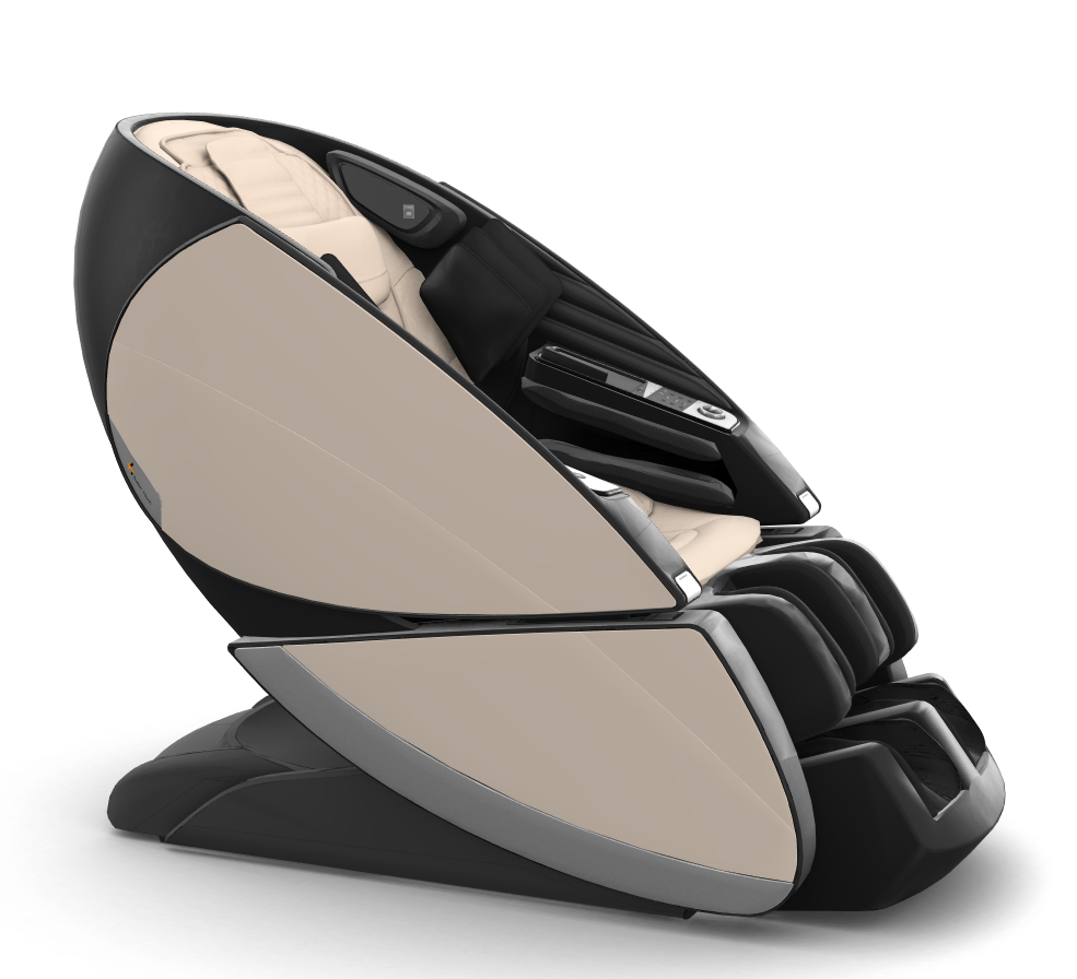 Super Novo X Massage Chair in black and beige with teardrop design and upward-pivoting doors for full-body relaxation
