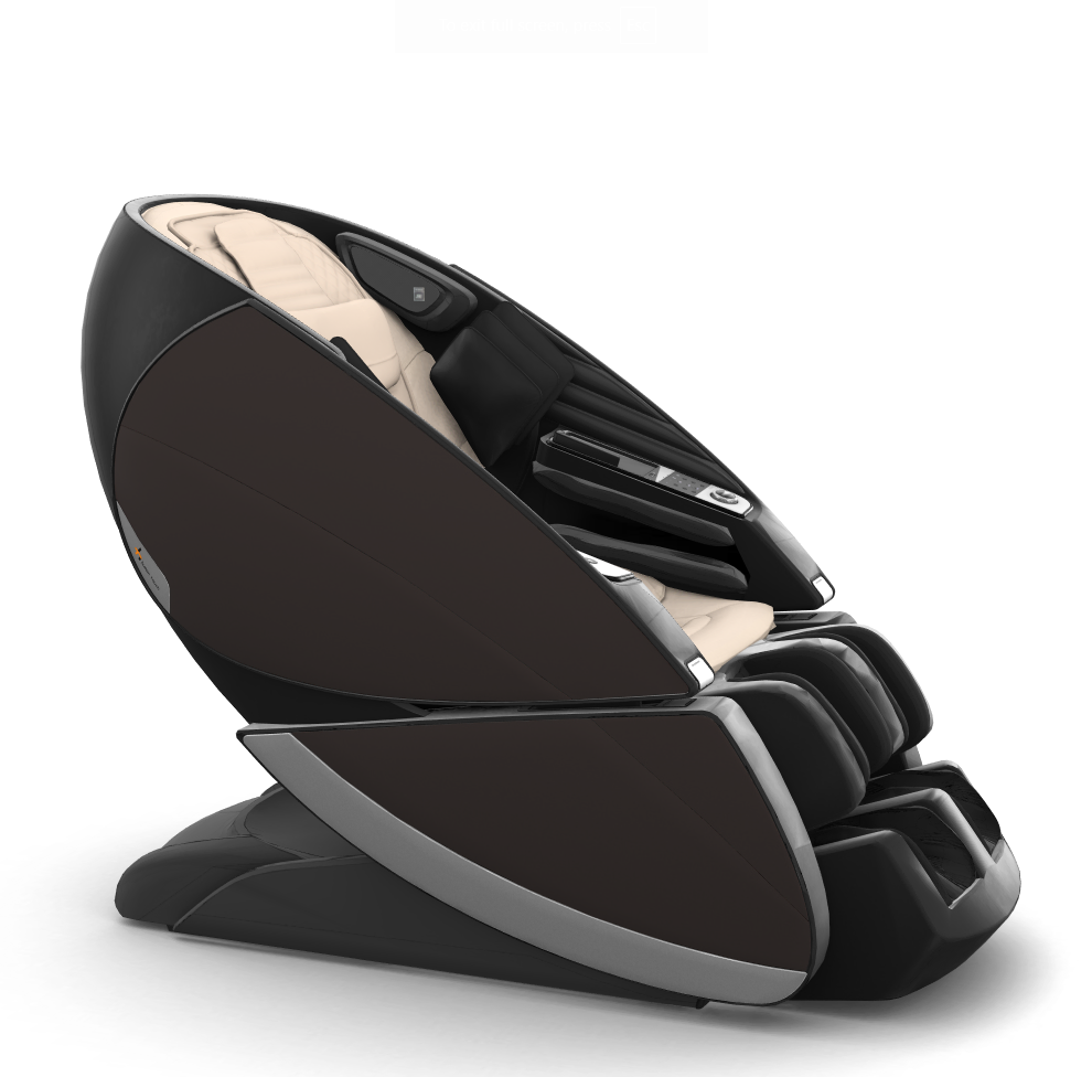 Super Novo X massage chair with sleek black design, curved teardrop doors and beige interior cushioning for full-body relaxation