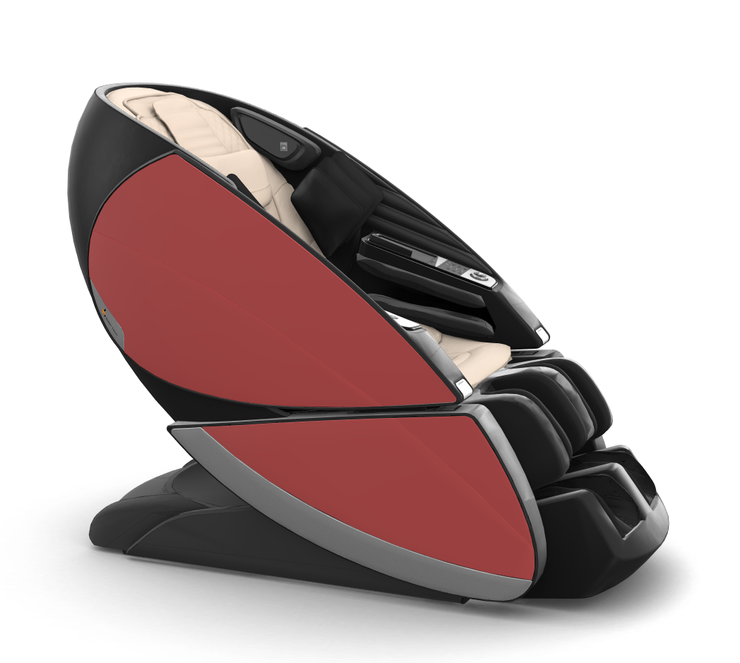 Super Novo X Massage Chair in black and red with curved teardrop design and cream colored cushioning