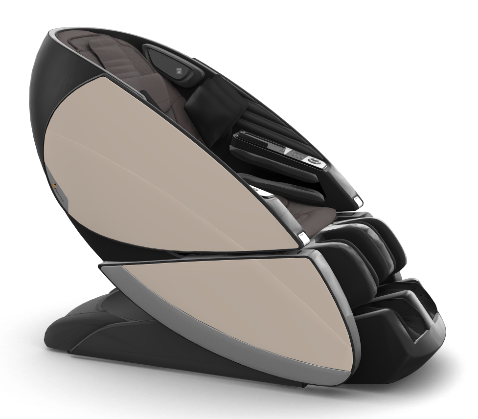Super Novo X Massage Chair in modern beige and black design with teardrop-shaped contours and ergonomic reclining form
