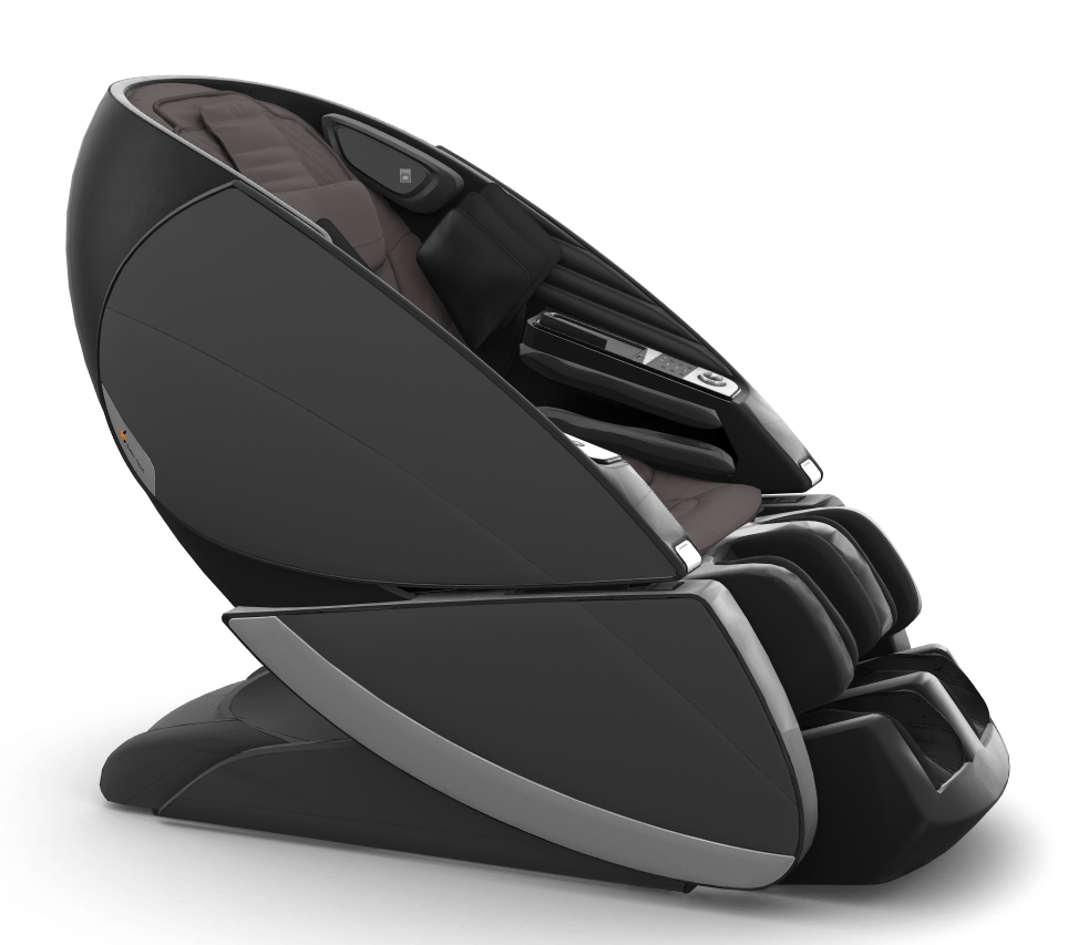 Super Novo X Massage Chair in black with sleek teardrop design, silver accents and upward-pivoting doors for easy access