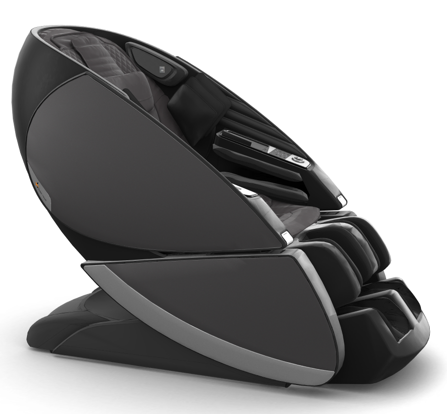 Super Novo X Massage Chair in sleek black with teardrop design and upward-pivoting doors, shown in side view profile