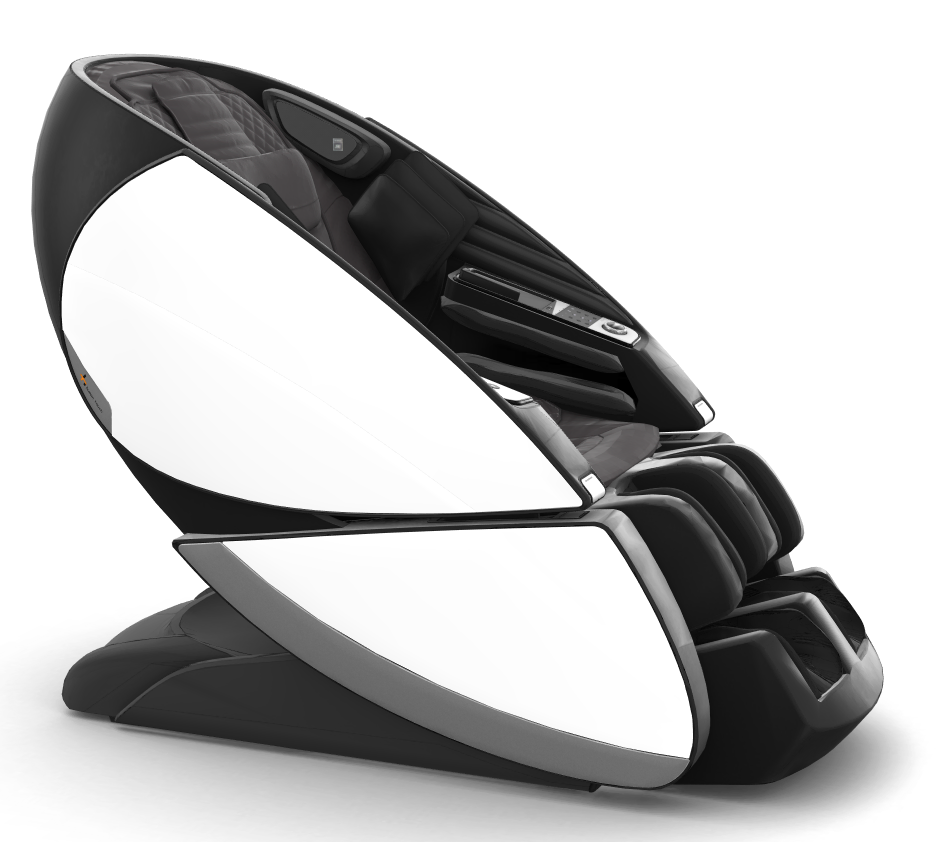 Super Novo X Massage Chair with sleek black and white design featuring curved teardrop shape and premium upholstery