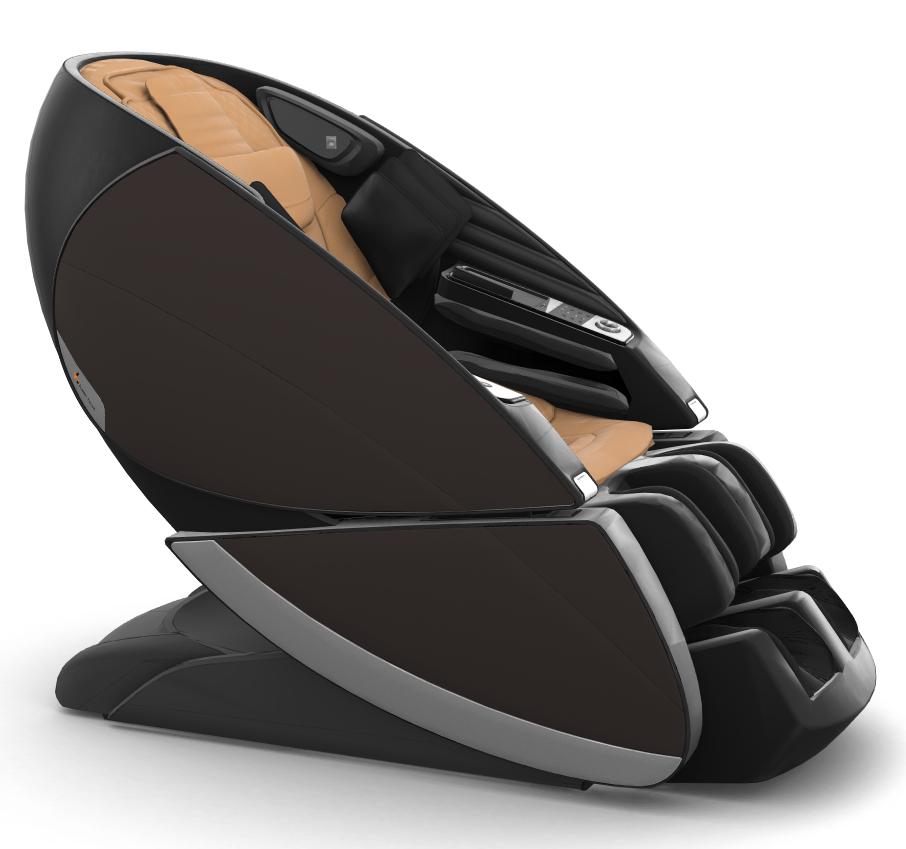 Super Novo X Massage Chair shown in brown and black with sleek teardrop design and upward-pivoting doors