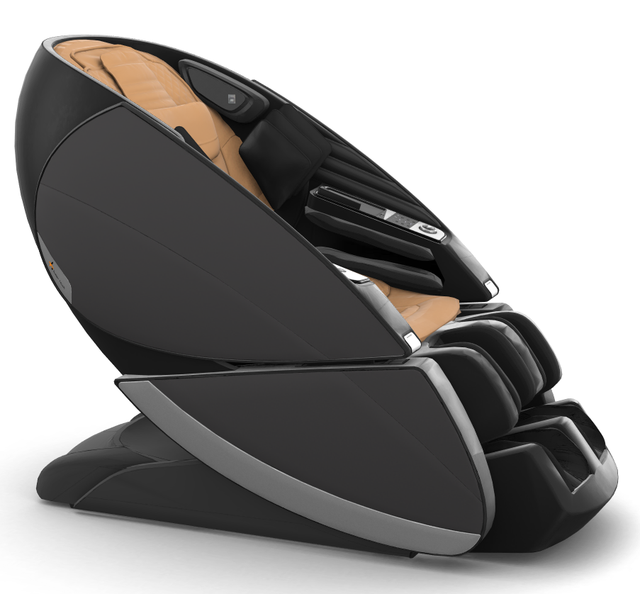 Super Novo X massage chair in black and tan with sleek curved design and upward-pivoting teardrop doors