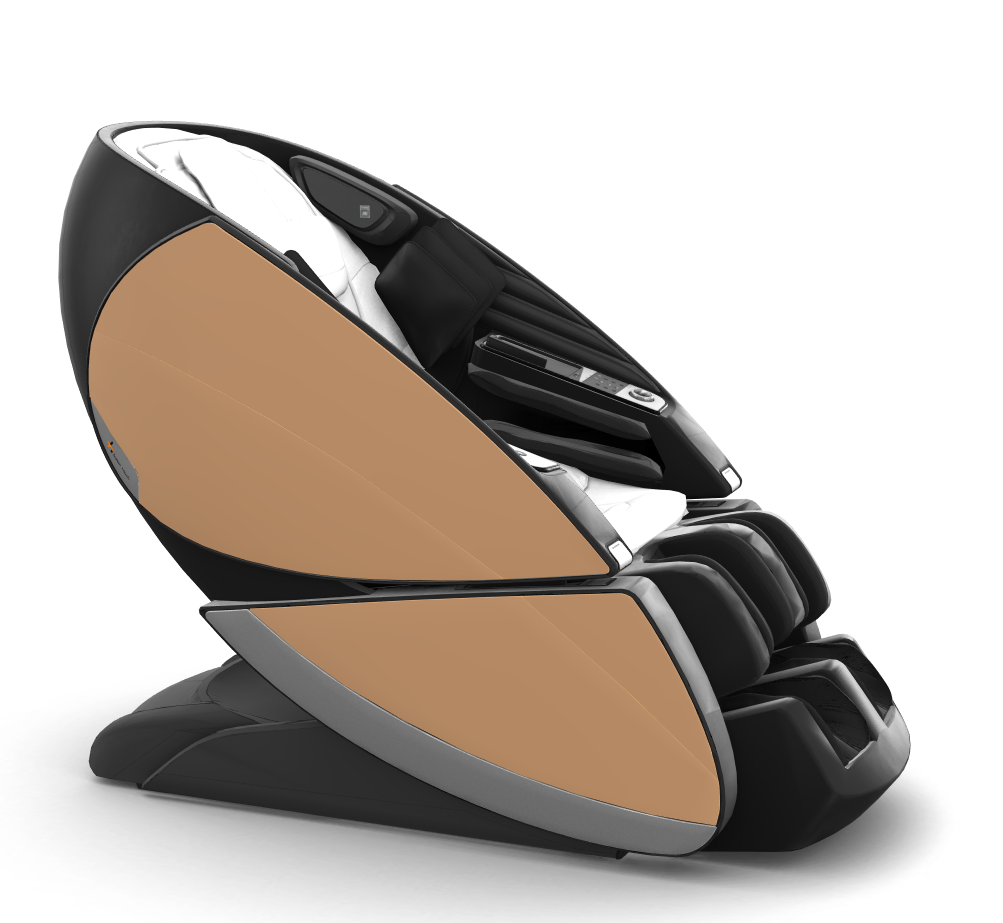 Super Novo X Massage Chair in black and tan with teardrop design, featuring upward-pivoting doors and luxury cushioning