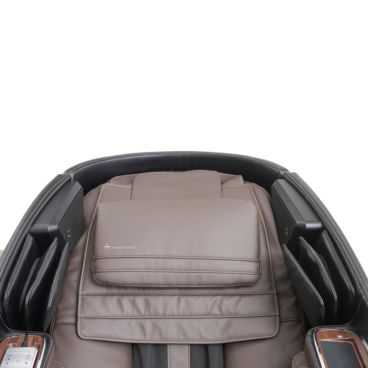Super Novo 2.0 massage chair shown in brown leather with black accents, featuring a sleek modern design and plush cushioning