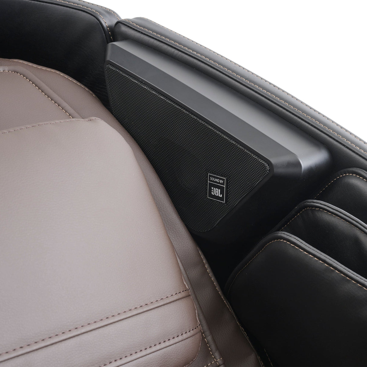 Super Novo 2.0 massage chair featuring JBL speakers and premium leather upholstery in black and gray tones